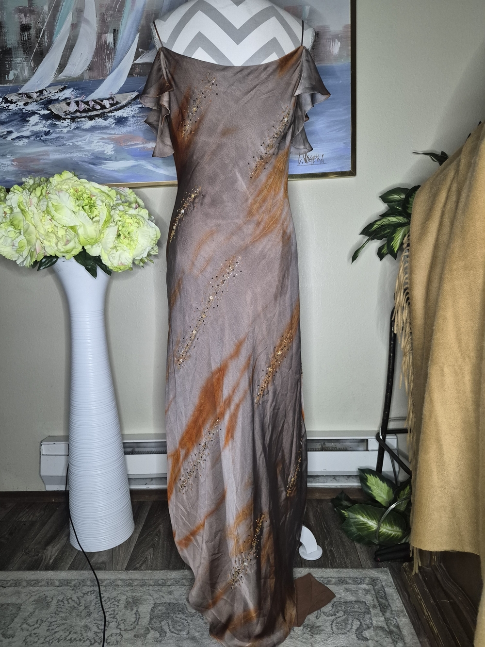 Satin High-Low Slip Dress in Rust and Taupe by Miss Ravesky - Picture 6 of 9